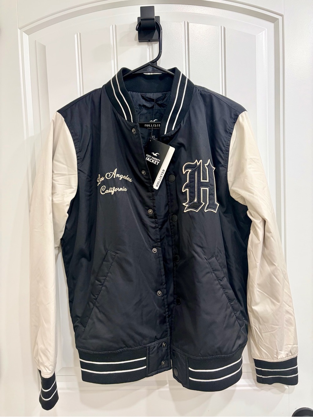 Hollister Navy and Cream Varsity Bomber Jacket